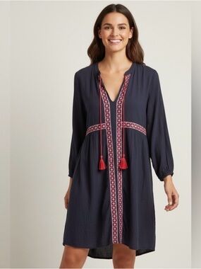 LIKE NEW Old Navy - Navy Dress with Red Embroidered Trim